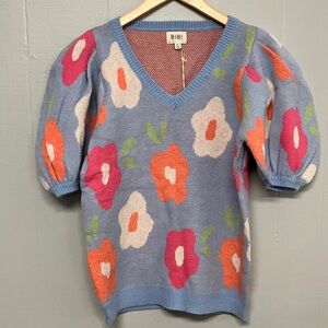 NWT BiBi Floral Short Sleeve Sweater XL New with Tags Blue Pink Orange